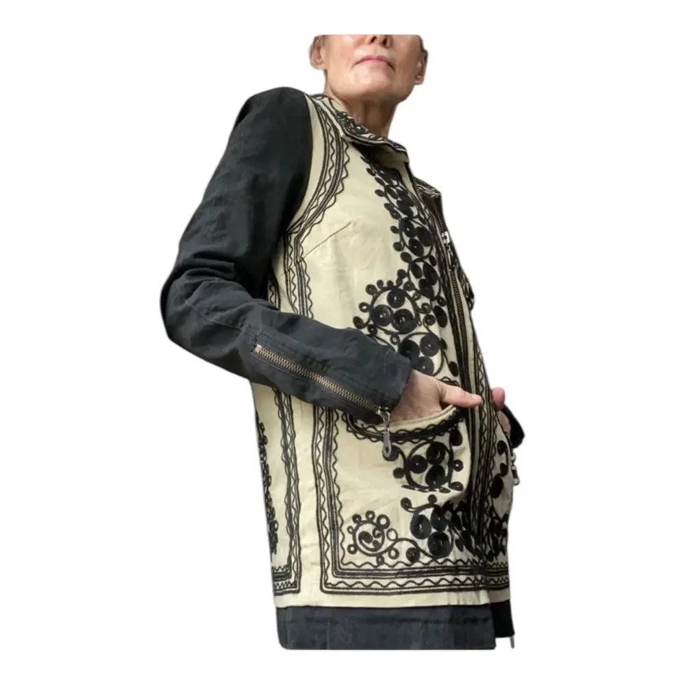 Free People Stitched Quills Embroidered Cream Black Jacket Boho Small Western